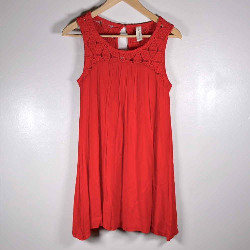 Allison Joy Stylish Women’s Boho Sleeveless Mini Dress Red Crochet Yoke Sz XS.